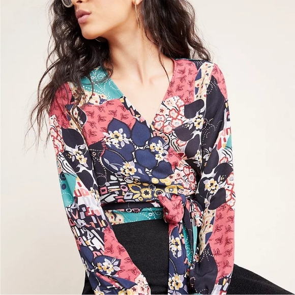 Anthropologie x kachel Cecily Wrap Blouse abstract floral sz 4 - Picture 3 of 7